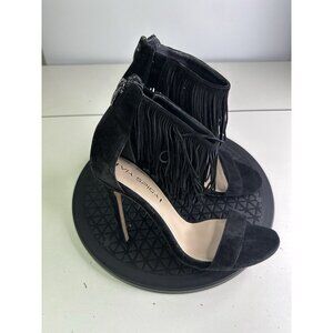Via Spiga Black Suede Leather Leather Tabia Fringe Ankle Strap Sandals Size 7